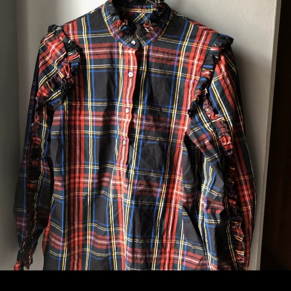 Button Plaid Ruffle long sleeve blouse - Picture 2 of 4